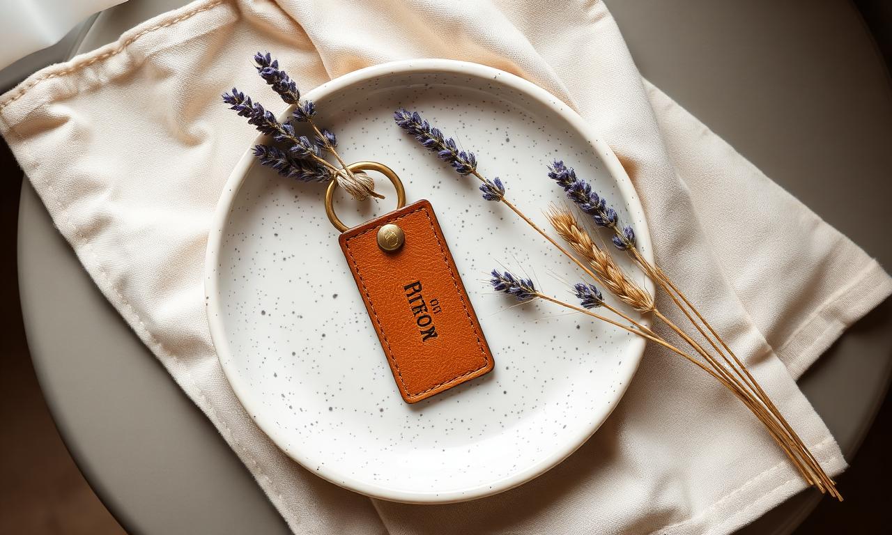A brass hotel key with a leather tag on a ceramic plate with lavender and wheat stems