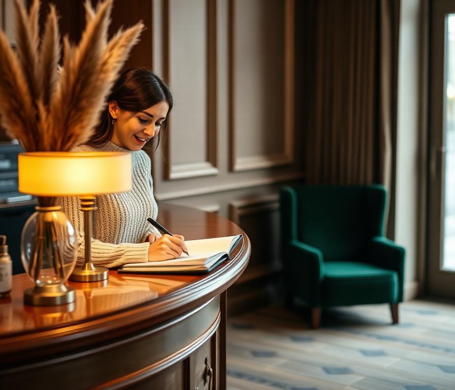 A receptionist writing in a notebook at a warm wooden front desk with a glowing lamp