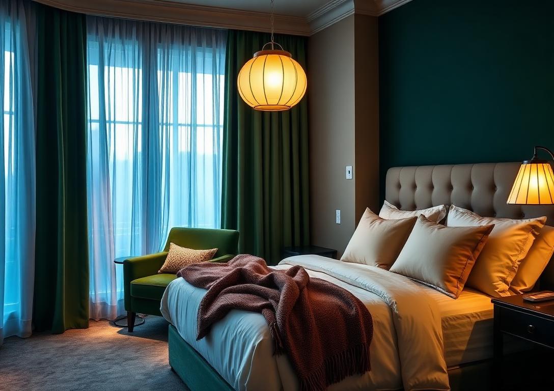 A boutique hotel room with a dark green accent wall, cream bedding and a glowing paper lantern