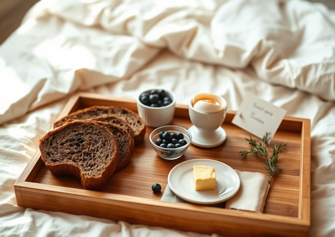 A breakfast tray with rye bread, blueberries, a soft-boiled egg and a handwritten note on hotel bed linen