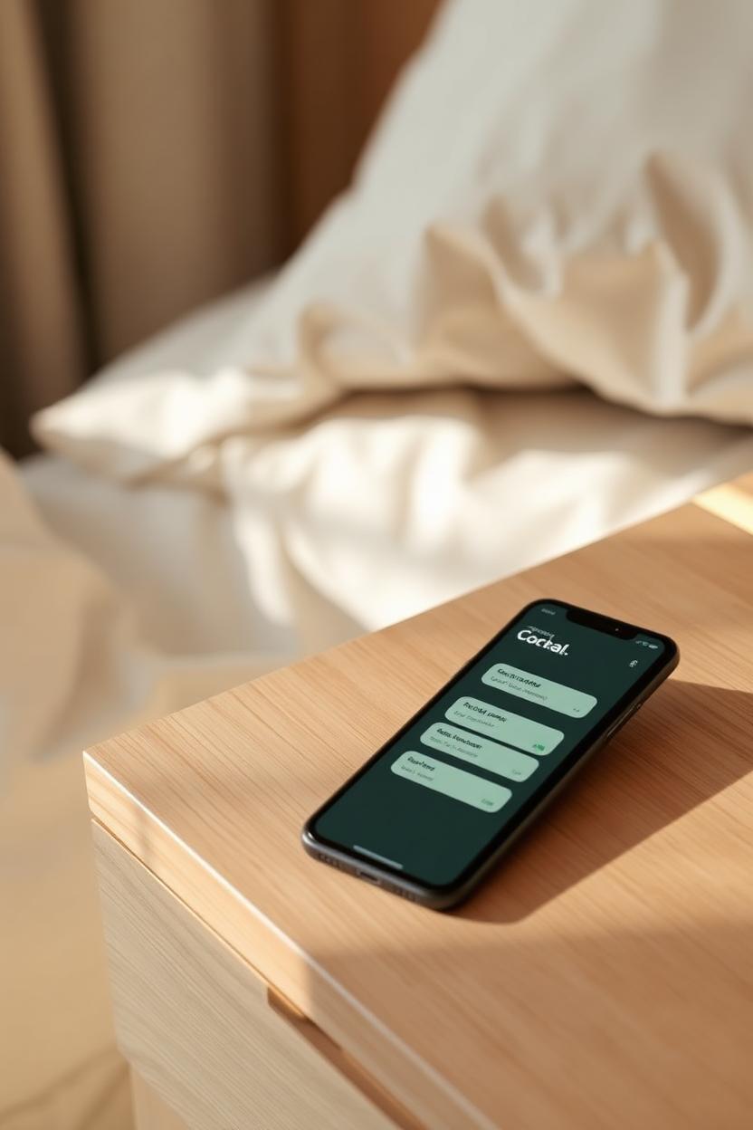 A phone on a light oak nightstand showing the Northline concierge chat, beside a bed with cream linen